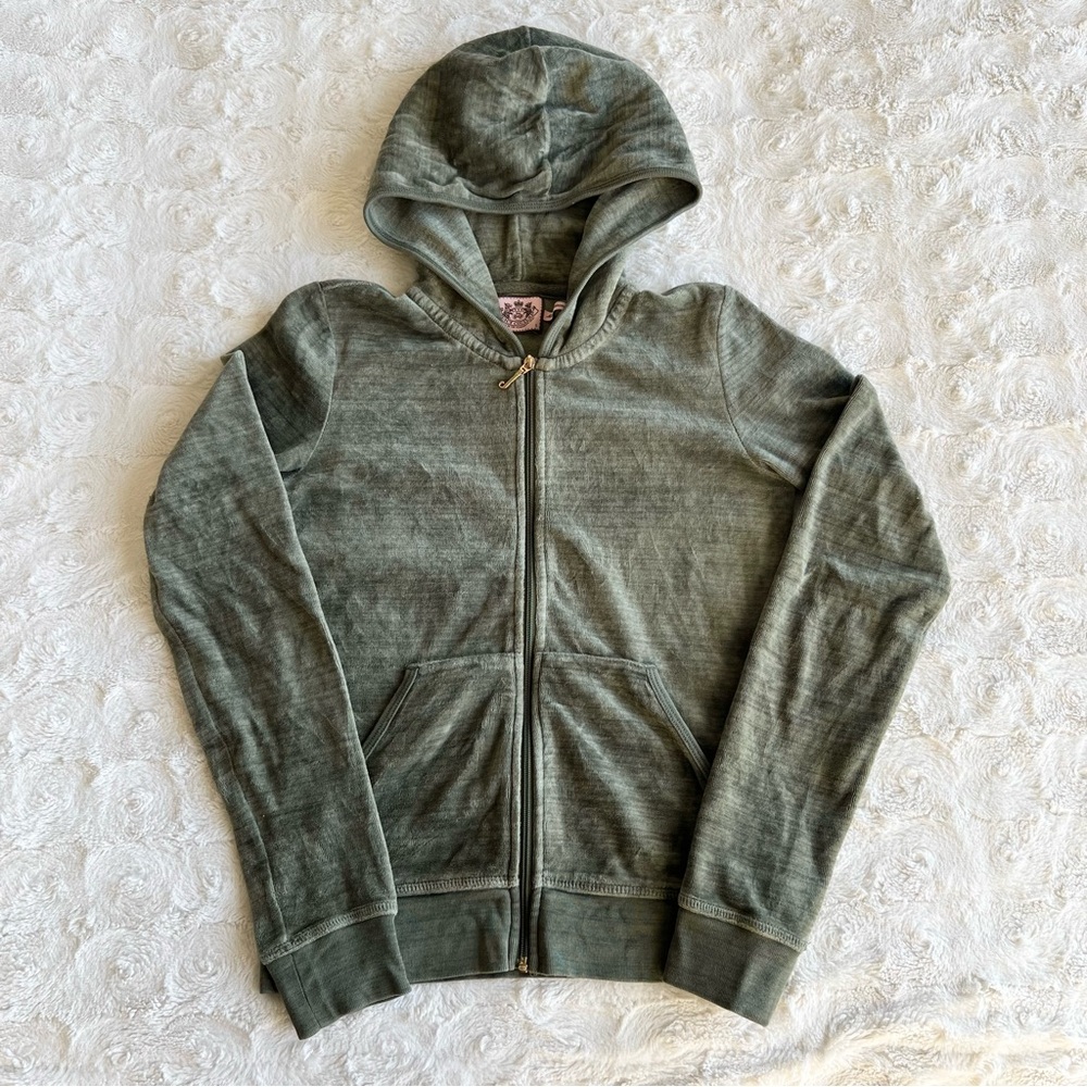 Juicy Couture Track Jacket Womens Small Green Velour Full Zip Hooded 2000s Y2K
